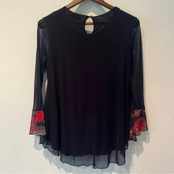 Desigual O’Hara Sheer Sleeve Floral and Rhinestone Hem Lined Flowy Blouse - Picture 10 of 11